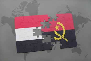 yemen ve angola ulusal bayrak bir dünya haritası üzerinde ile bulmaca