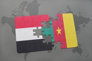 yemen ve Kamerun ulusal bayrak bir dünya haritası üzerinde ile bulmaca