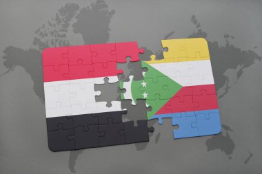 yemen ve Komor Adaları ulusal bayrak bir dünya haritası üzerinde ile bulmaca