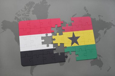 yemen ve Gana bir dünya haritası üzerinde bayrağı ile bulmaca