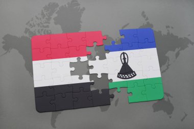 bir dünya haritası üzerinde yemen ve Lesoto bayrağı ulusal ile bulmaca
