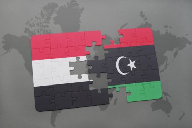 yemen ve libya ulusal bayrak bir dünya haritası üzerinde ile bulmaca