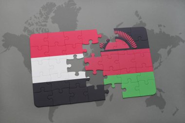 yemen ve Malavi bir dünya haritası üzerinde bayrağı ile bulmaca