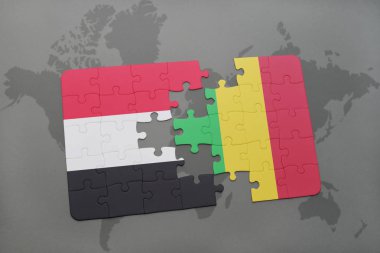 yemen ve mali bir dünya haritası üzerinde bayrağı ile bulmaca
