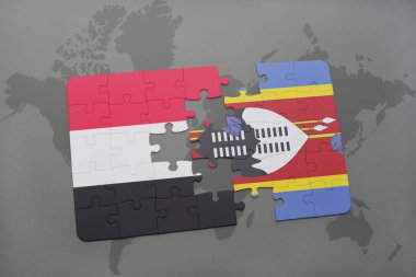 yemen ve Svaziland ulusal bayrak bir dünya haritası üzerinde ile bulmaca