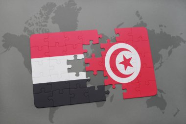 yemen ve Tunus bir dünya haritası üzerinde bayrağı ile bulmaca