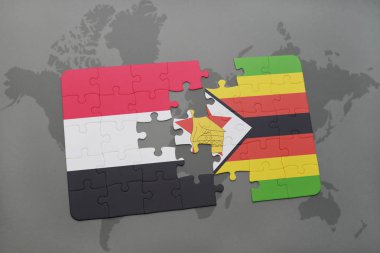yemen ve zimbabwe ulusal bayrak bir dünya haritası üzerinde ile bulmaca