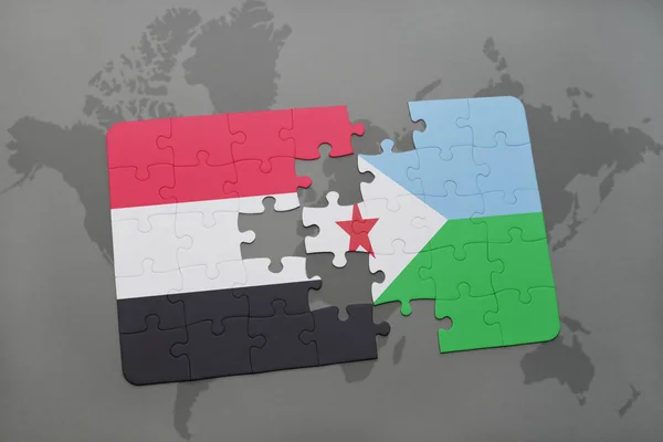 Puzzle con la bandiera nazionale di yemen e djibouti su una mappa del mondo — Foto Stock