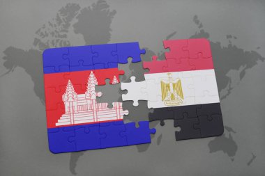 bir dünya haritası üzerinde Kamboçya ve Mısır Ulusal bayrakla bulmaca