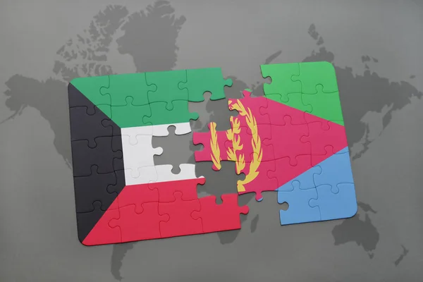 Puzzle avec le drapeau national du Koweït et de l'éritréa sur une carte du monde — Photo