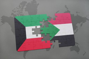 Kuveyt ve sudan bir dünya haritası üzerinde bayrağı ile bulmaca