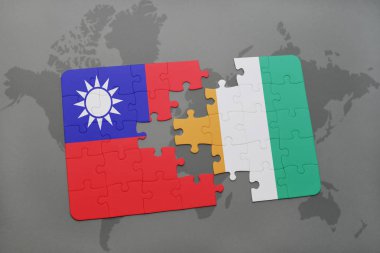 Tayvan ulusal bayrak ile bulmaca ve Fildişi Sahili bir dünya haritası üzerinde