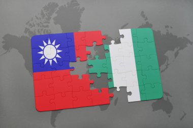 Tayvan ve Nijerya ulusal bayrak bir dünya haritası üzerinde ile bulmaca