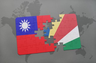 Tayvan ve Seyşeller ulusal bayrak bir dünya haritası üzerinde ile bulmaca