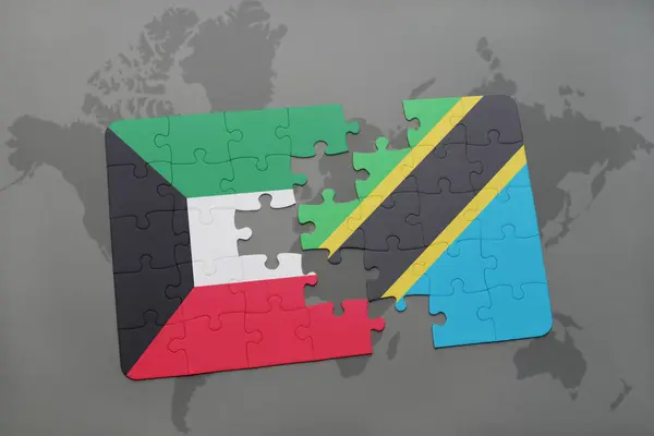 A nemzeti zászló, Amerikai Egyesült Államok és Tanzánia a világtérképen puzzle — Stock Fotó