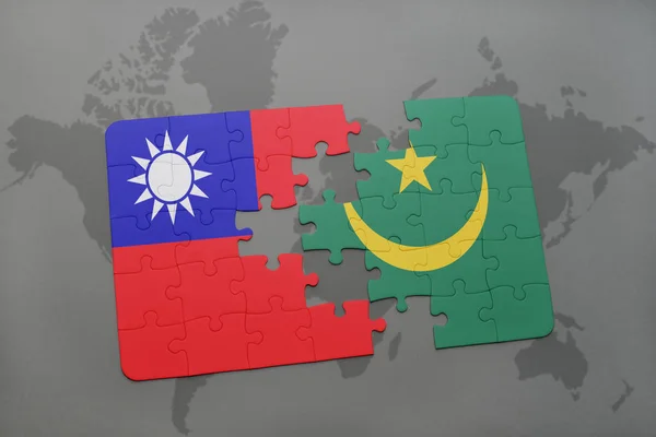Παζλ με την εθνική σημαία της Ταϊβάν και της Μαυριτανίας σε έναν παγκόσμιο χάρτη — Φωτογραφία Αρχείου