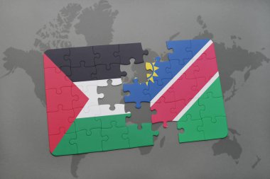 Namibya ve Filistin Ulusal bayrak bir dünya haritası üzerinde ile bulmaca