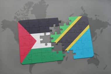 Tanzanya ve Filistin Ulusal bayrak bir dünya haritası üzerinde ile bulmaca
