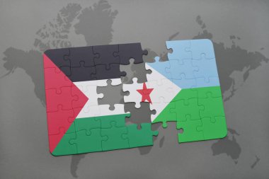 Cibuti ve Filistin Ulusal bayrak bir dünya haritası üzerinde ile bulmaca