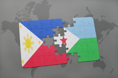 bir dünya haritası üzerinde Filipinler ve Cibuti bayrağı ulusal ile bulmaca