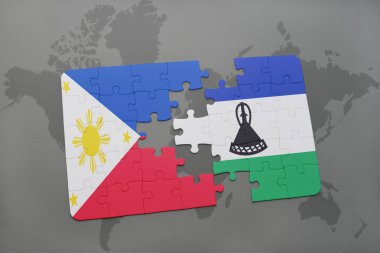 bir dünya haritası üzerinde Filipinler ve Lesoto bayrağı ulusal ile bulmaca