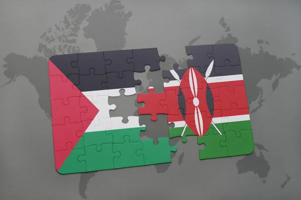 Puzzel met de nationale vlag van Palestina en Kenia op een wereldkaart — Stockfoto