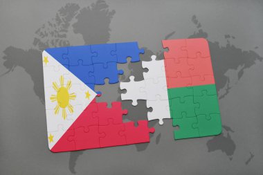 Filipinler ve Madagaskar ulusal bayrak bir dünya haritası üzerinde ile bulmaca