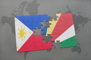 Filipinler ve Seyşeller ulusal bayrak bir dünya haritası üzerinde ile bulmaca