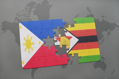 Filipinler ve Zimbabve Ulusal bayrak bir dünya haritası üzerinde ile bulmaca