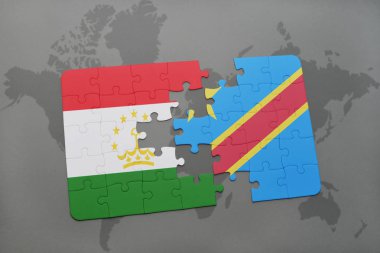 Tacikistan bayrağı ve bir dünya haritası üzerinde Kongo Demokratik Cumhuriyeti ile bulmaca