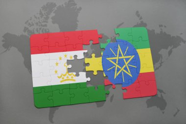 bir dünya haritası üzerinde Tacikistan ve Etiyopya bayrağı ulusal ile bulmaca