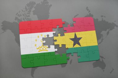 Tacikistan ve Gana bir dünya haritası üzerinde bayrağı ile bulmaca