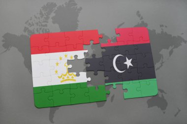 Tacikistan ve libya ulusal bayrak bir dünya haritası üzerinde ile bulmaca