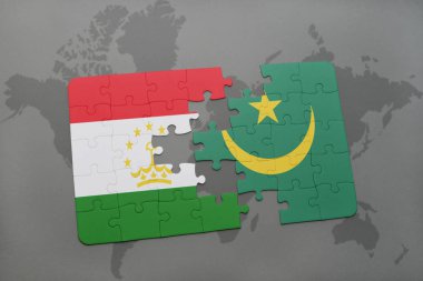 Tacikistan ve Moritanya ulusal bayrak bir dünya haritası üzerinde ile bulmaca