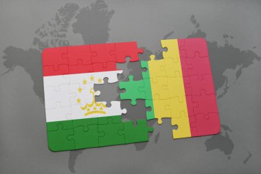 Tacikistan ve mali bir dünya haritası üzerinde bayrağı ile bulmaca