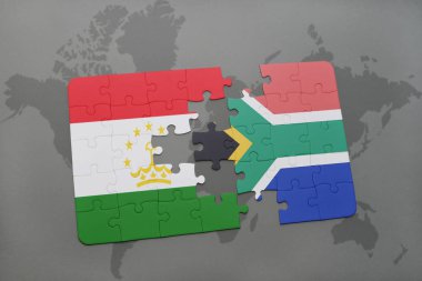 bir dünya haritası üzerinde Tacikistan ve Güney Afrika'nın ulusal bayrakla bulmaca