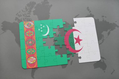 Türkmenistan ve Cezayir ulusal bayrak bir dünya haritası üzerinde ile bulmaca
