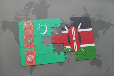 Türkmenistan ve kenya ulusal bayrak bir dünya haritası üzerinde ile bulmaca