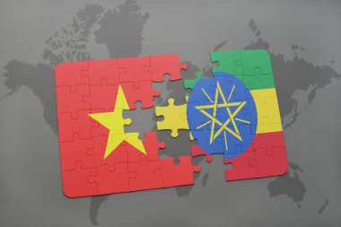 vietnam ve Etiyopya bir dünya haritası üzerinde bayrağı ile bulmaca