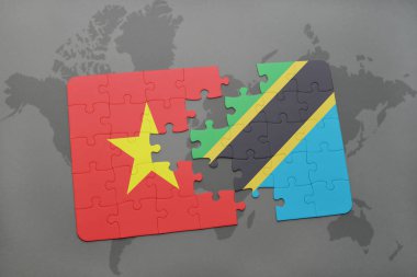 vietnam ve Tanzanya bir dünya haritası üzerinde bayrağı ile bulmaca