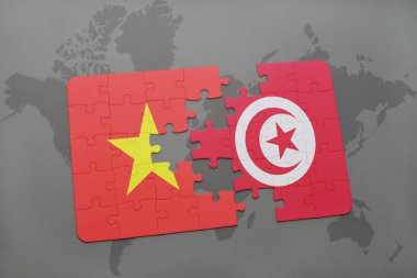 Tunus ve vietnam ulusal bayrak bir dünya haritası üzerinde ile bulmaca