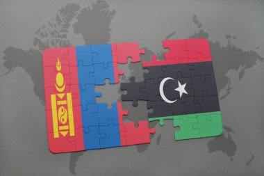 Moğolistan ve libya ulusal bayrak bir dünya haritası üzerinde ile bulmaca