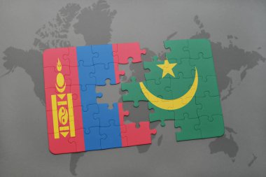 Moğolistan ve Moritanya ulusal bayrak bir dünya haritası üzerinde ile bulmaca