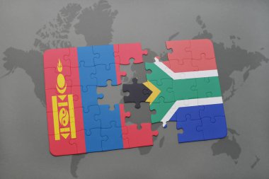Moğolistan ve Güney Afrika ulusal bayrak bir dünya haritası üzerinde ile bulmaca