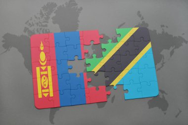 Moğolistan ve Tanzanya bir dünya haritası üzerinde bayrağı ile bulmaca