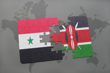 Suriye ve kenya ulusal bayrak bir dünya haritası üzerinde ile bulmaca