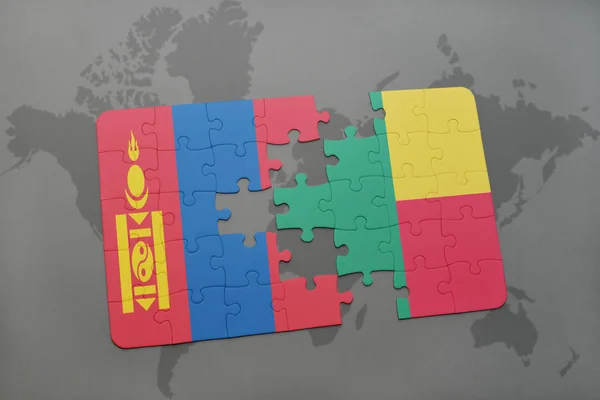 Puzzle z Flaga narodowa Mongolii i benin na mapie świata — Zdjęcie stockowe