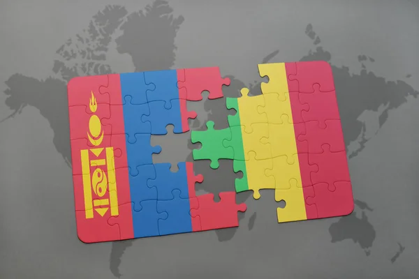 Puzzel met de nationale vlag van Mongolië en mali op een wereldkaart — Stockfoto
