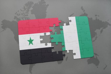 Suriye ve Türkiye ulusal bayrak bir dünya haritası üzerinde ile bulmaca