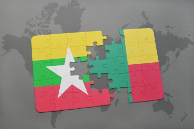 myanmar ve benin bir dünya haritası üzerinde bayrağı ile bulmaca